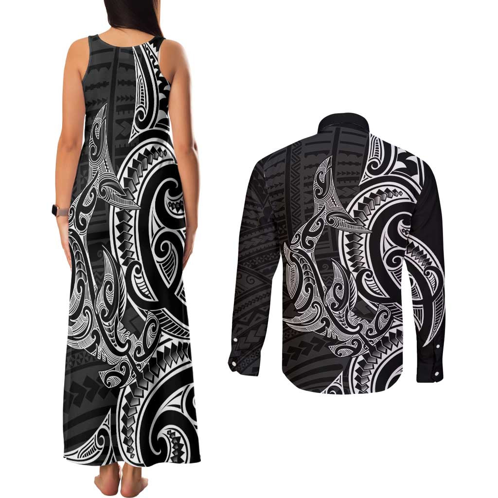 New Zealand Hammerhead Shark Couples Matching Tank Maxi Dress and Long Sleeve Button Shirt Maori Haehae Mangopare Black - Polynesian Pride