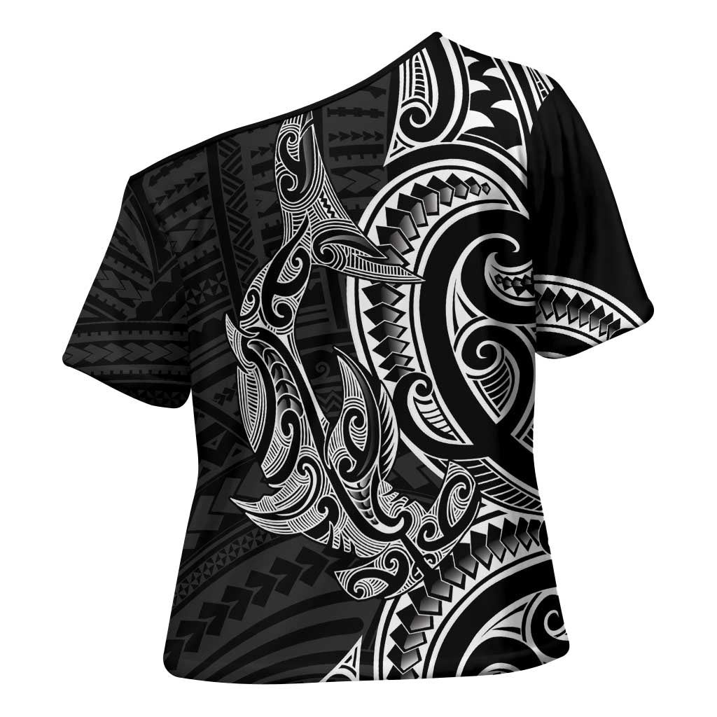 New Zealand Hammerhead Shark Cross Shoulder Shirt Maori Haehae Mangopare Black - Polynesian Pride