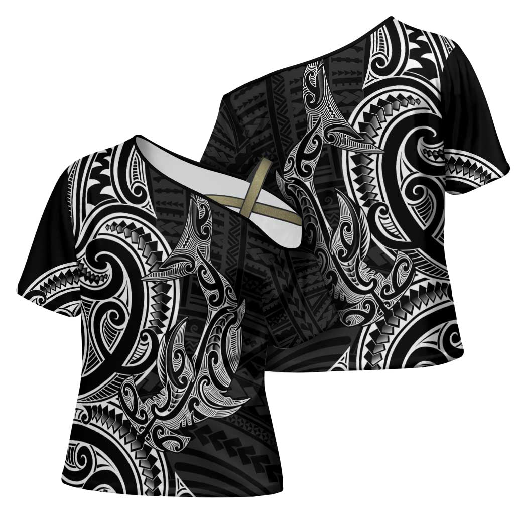 New Zealand Hammerhead Shark Cross Shoulder Shirt Maori Haehae Mangopare Black - Polynesian Pride