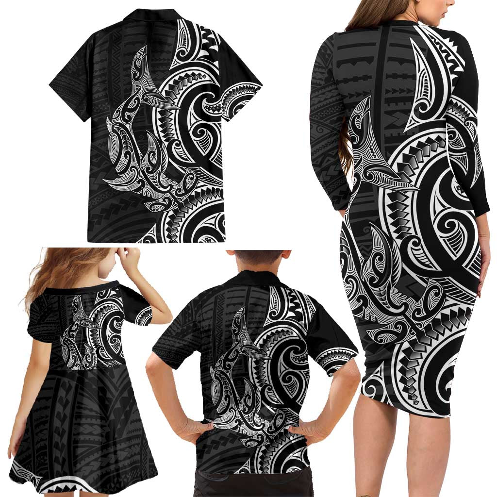 New Zealand Hammerhead Shark Family Matching Long Sleeve Bodycon Dress and Hawaiian Shirt Maori Haehae Mangopare Black - Polynesian Pride