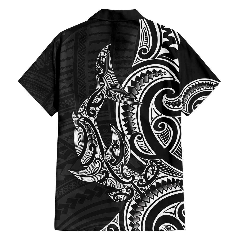 New Zealand Hammerhead Shark Family Matching Long Sleeve Bodycon Dress and Hawaiian Shirt Maori Haehae Mangopare Black - Polynesian Pride