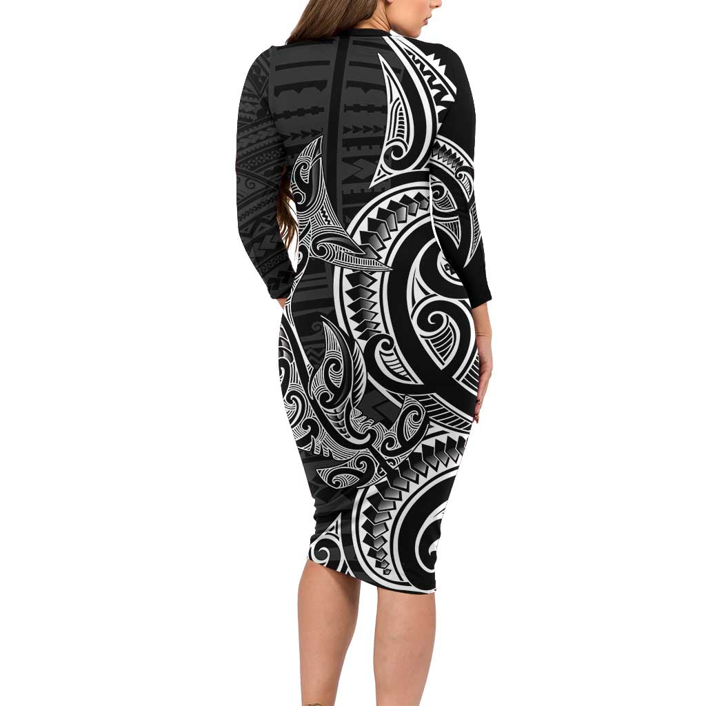 New Zealand Hammerhead Shark Family Matching Long Sleeve Bodycon Dress and Hawaiian Shirt Maori Haehae Mangopare Black - Polynesian Pride