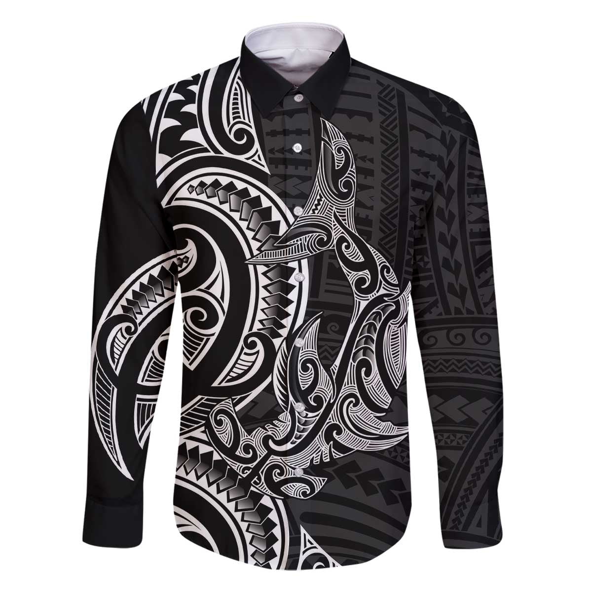 New Zealand Hammerhead Shark Family Matching Off The Shoulder Long Sleeve Dress and Hawaiian Shirt Maori Haehae Mangopare Black - Polynesian Pride