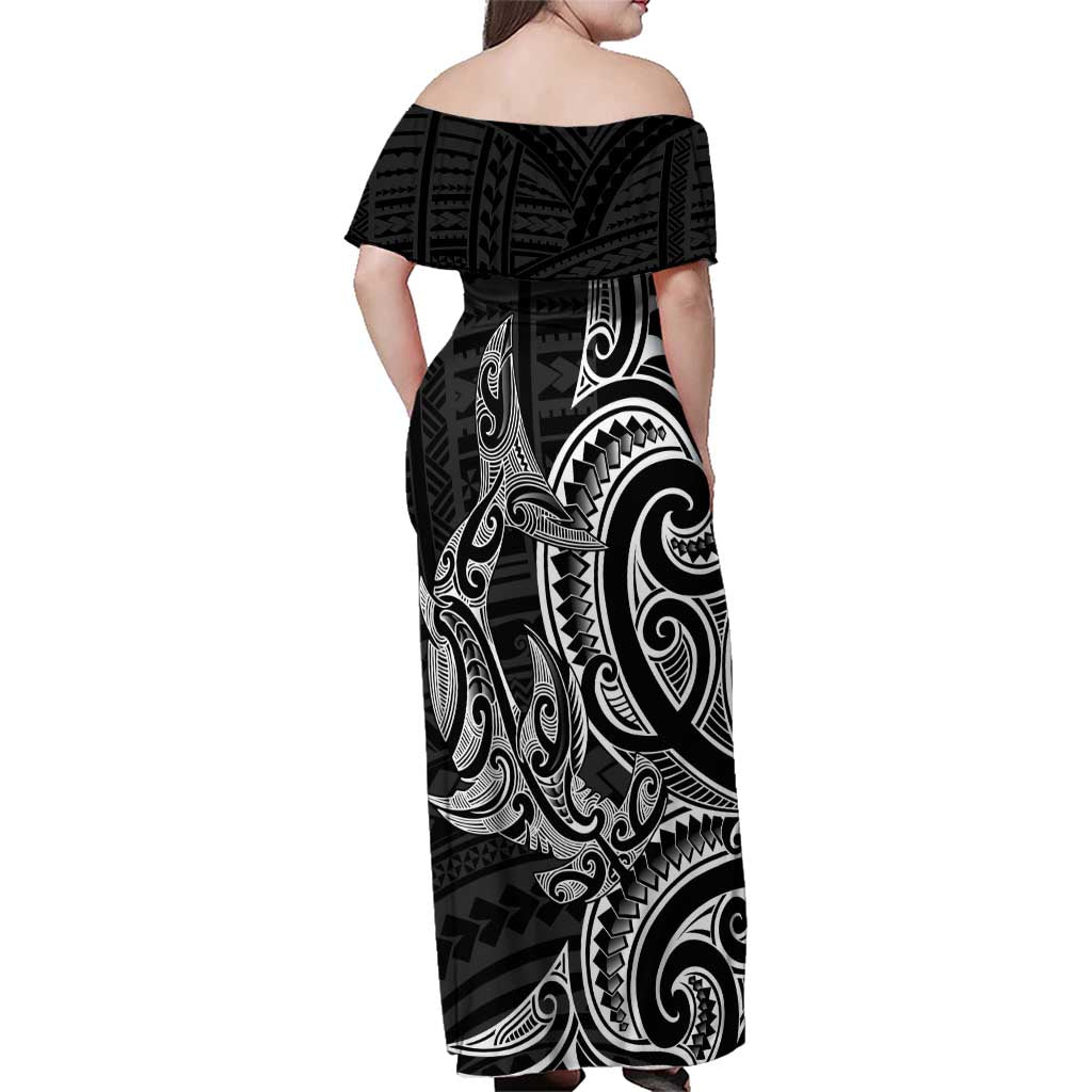 New Zealand Hammerhead Shark Family Matching Off Shoulder Maxi Dress and Hawaiian Shirt Maori Haehae Mangopare Black - Polynesian Pride