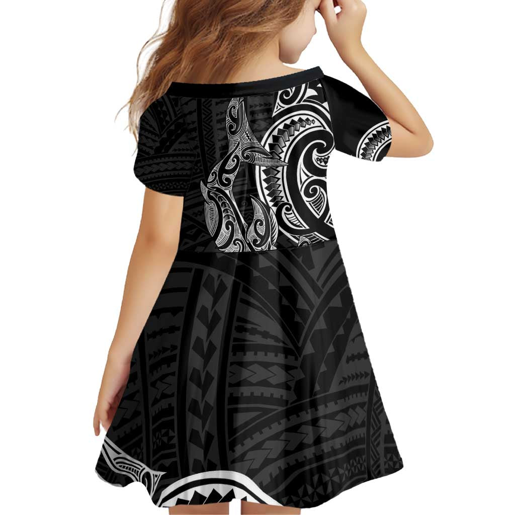 New Zealand Hammerhead Shark Family Matching Off Shoulder Short Dress and Hawaiian Shirt Maori Haehae Mangopare Black - Polynesian Pride