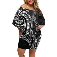 New Zealand Hammerhead Shark Family Matching Off Shoulder Short Dress and Hawaiian Shirt Maori Haehae Mangopare Black - Polynesian Pride
