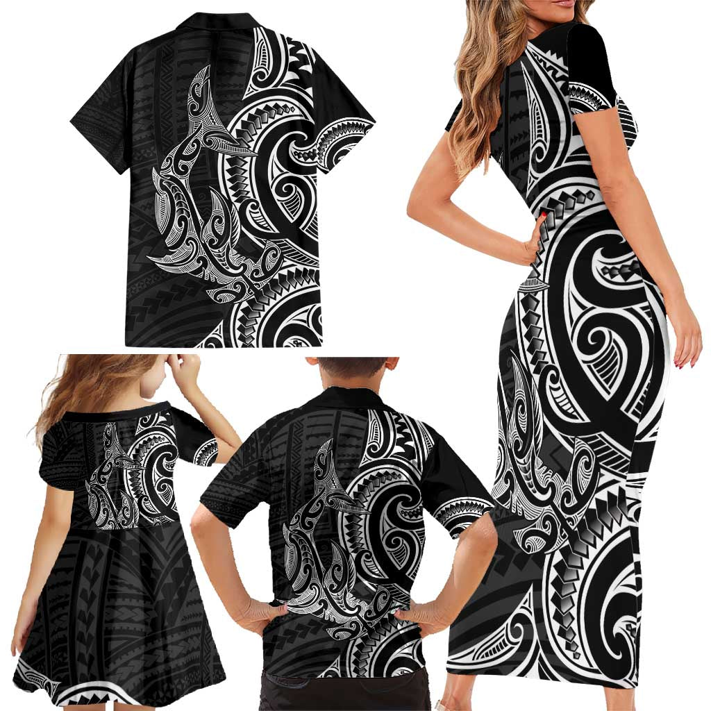 New Zealand Hammerhead Shark Family Matching Short Sleeve Bodycon Dress and Hawaiian Shirt Maori Haehae Mangopare Black - Polynesian Pride