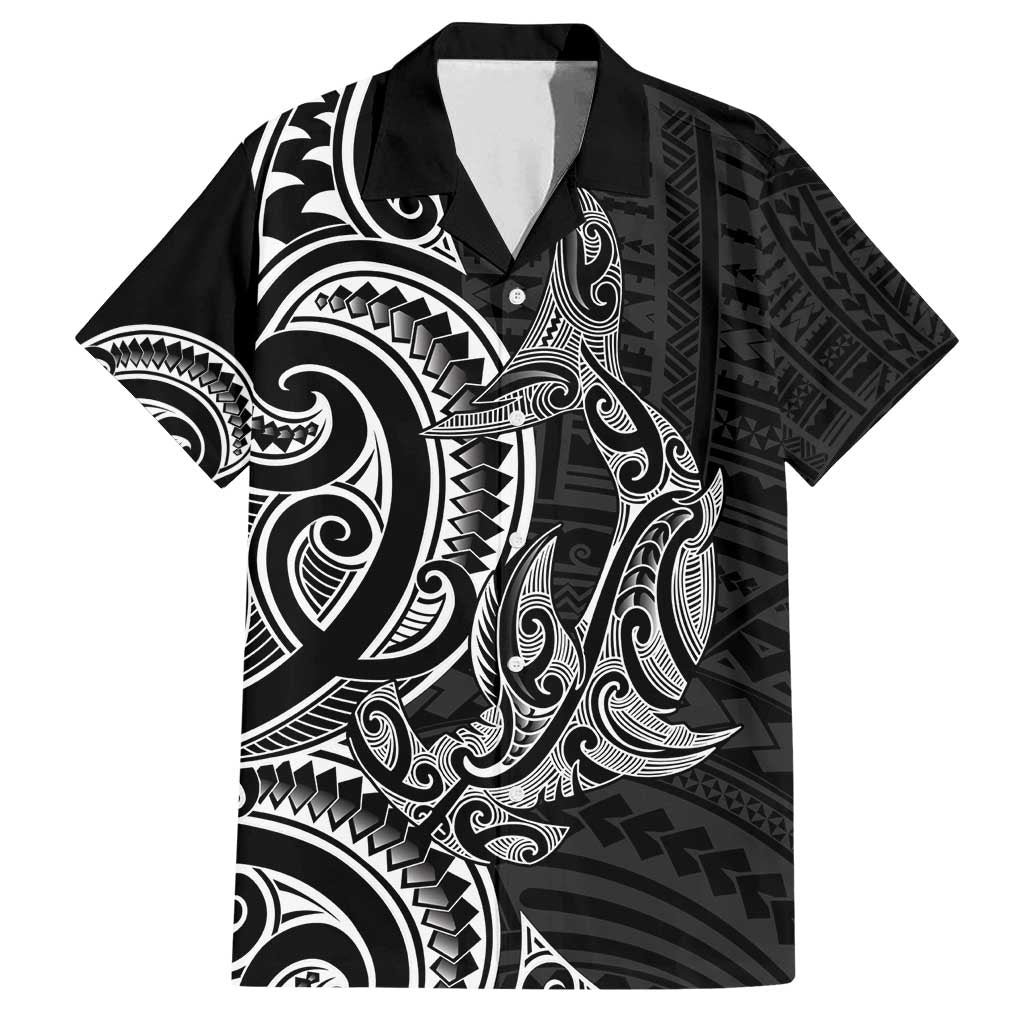 New Zealand Hammerhead Shark Family Matching Summer Maxi Dress and Hawaiian Shirt Maori Haehae Mangopare Black - Polynesian Pride