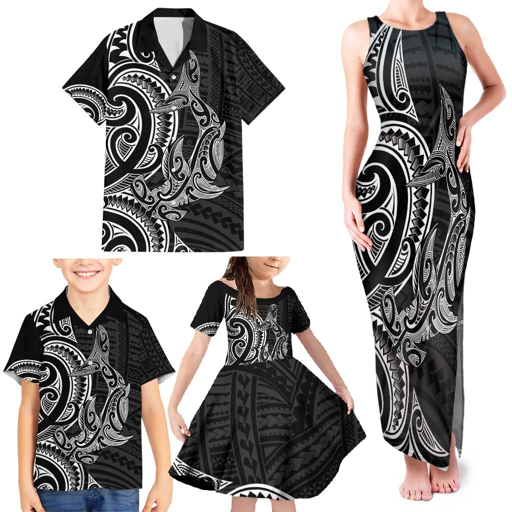 New Zealand Hammerhead Shark Family Matching Tank Maxi Dress and Hawaiian Shirt Maori Haehae Mangopare Black - Polynesian Pride