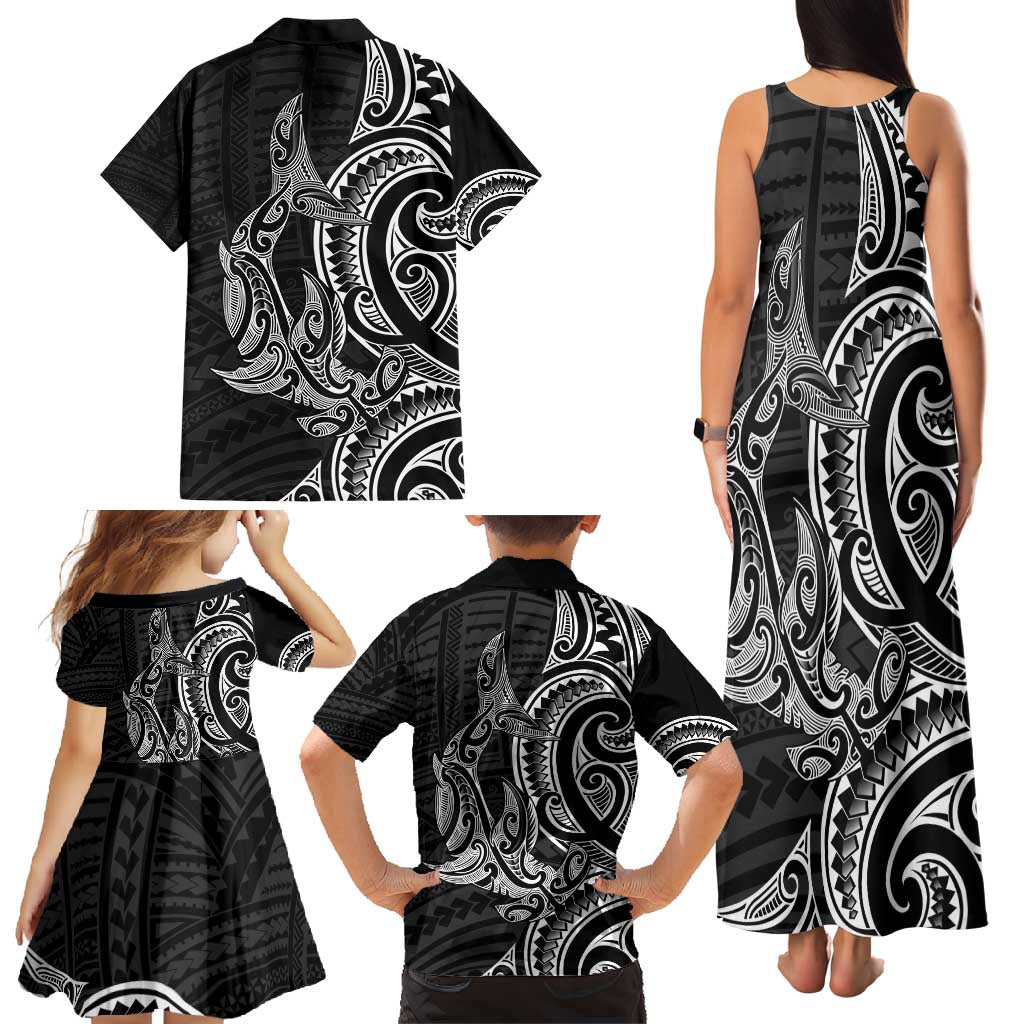 New Zealand Hammerhead Shark Family Matching Tank Maxi Dress and Hawaiian Shirt Maori Haehae Mangopare Black - Polynesian Pride