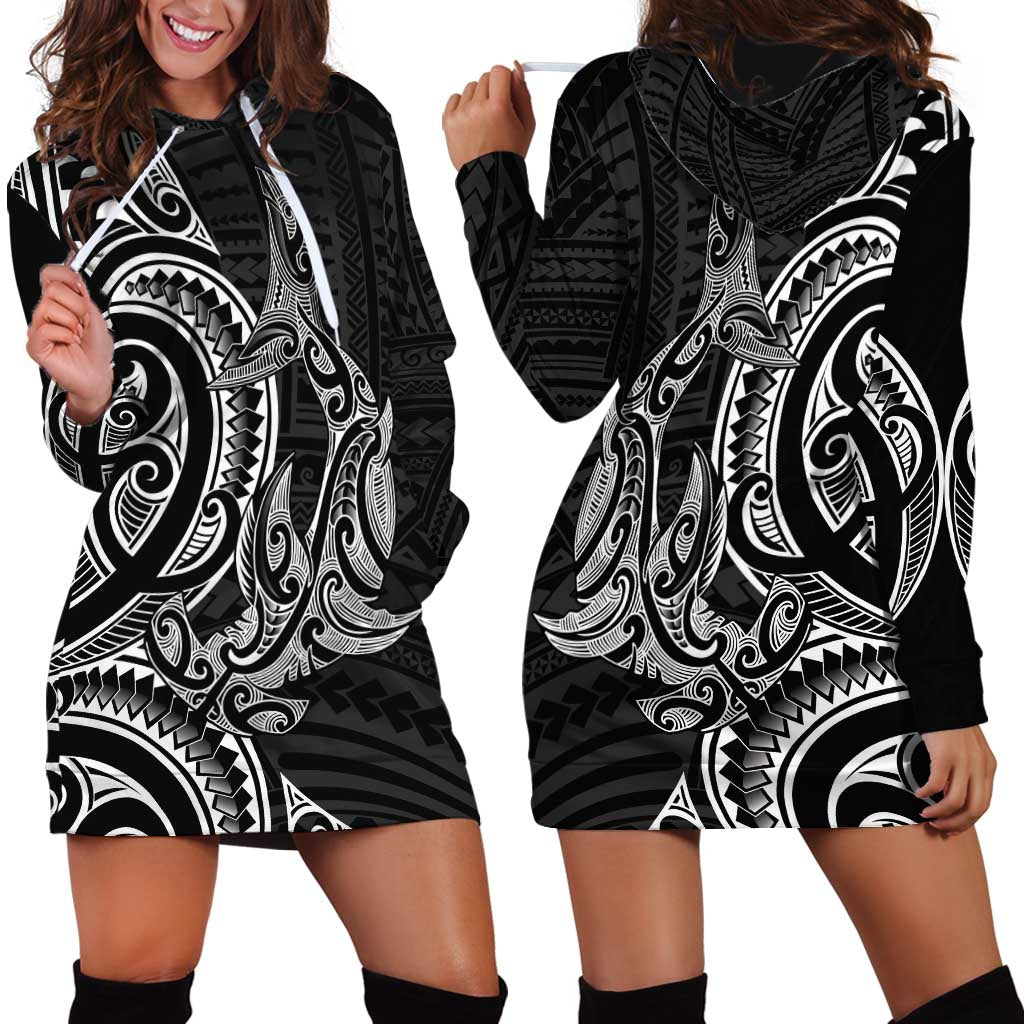 New Zealand Hammerhead Shark Hoodie Dress Maori Haehae Mangopare Black - Polynesian Pride