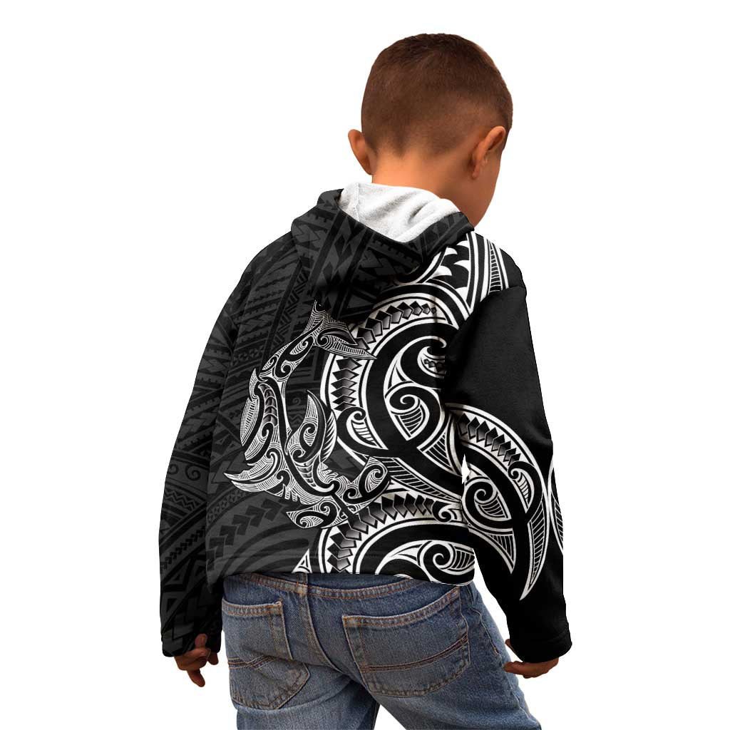 New Zealand Hammerhead Shark Kid Hoodie Maori Haehae Mangopare Black - Polynesian Pride