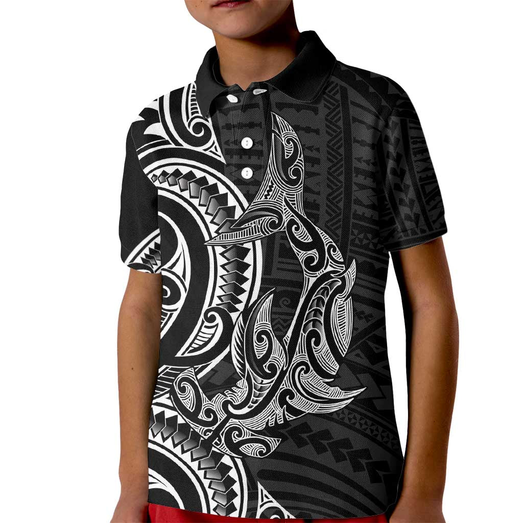 New Zealand Hammerhead Shark Kid Polo Shirt Maori Haehae Mangopare Black - Polynesian Pride