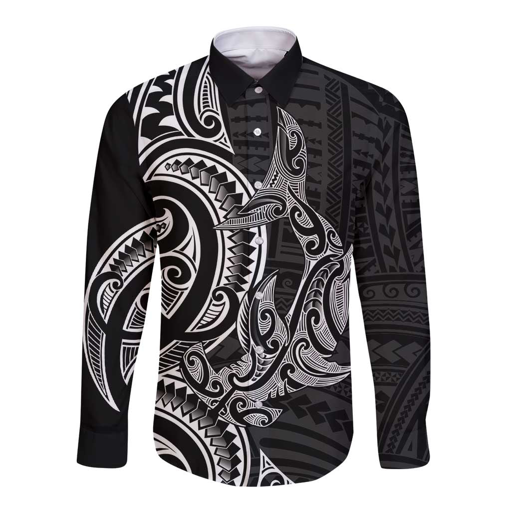 New Zealand Hammerhead Shark Long Sleeve Button Shirt Maori Haehae Mangopare Black - Polynesian Pride