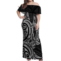New Zealand Hammerhead Shark Off Shoulder Maxi Dress Maori Haehae Mangopare Black - Polynesian Pride