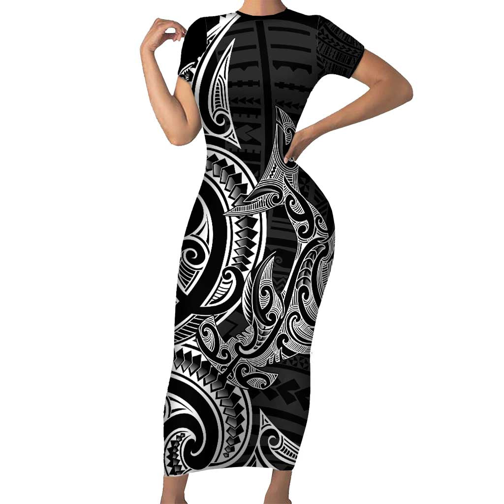 New Zealand Hammerhead Shark Short Sleeve Bodycon Dress Maori Haehae Mangopare Black - Polynesian Pride