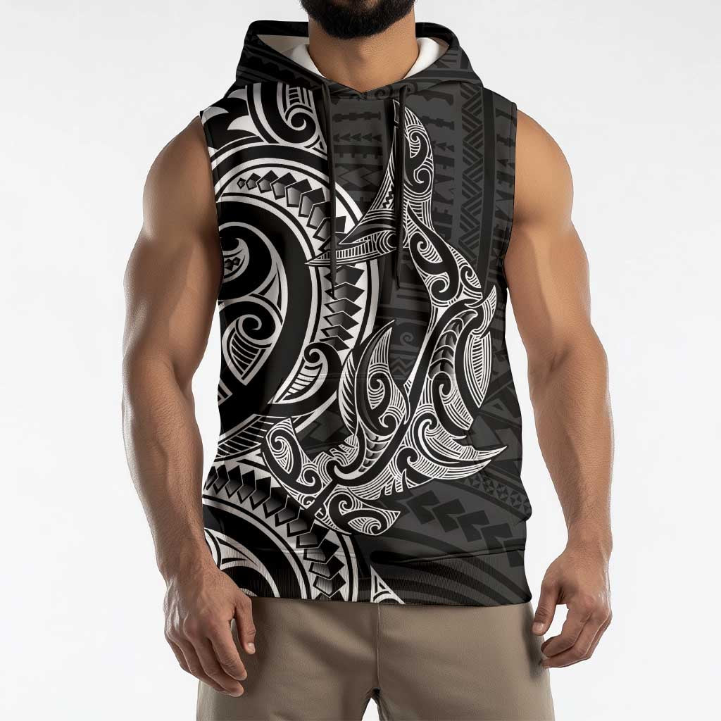 New Zealand Hammerhead Shark Sleeveless Hoodie Maori Haehae Mangopare Black - Polynesian Pride