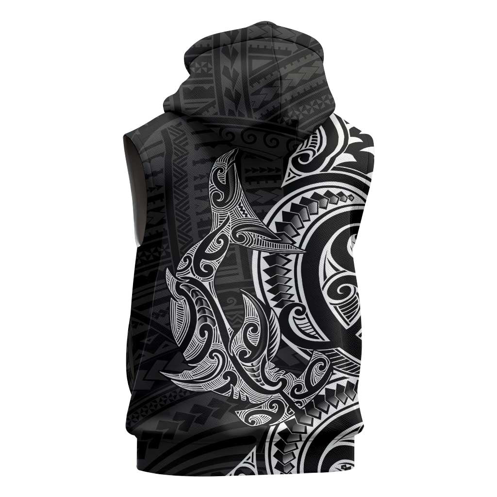 New Zealand Hammerhead Shark Sleeveless Zip Hoodie Maori Haehae Mangopare Black - Polynesian Pride