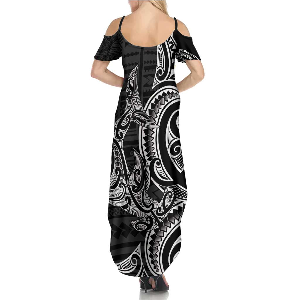 New Zealand Hammerhead Shark Summer Maxi Dress Maori Haehae Mangopare Black - Polynesian Pride