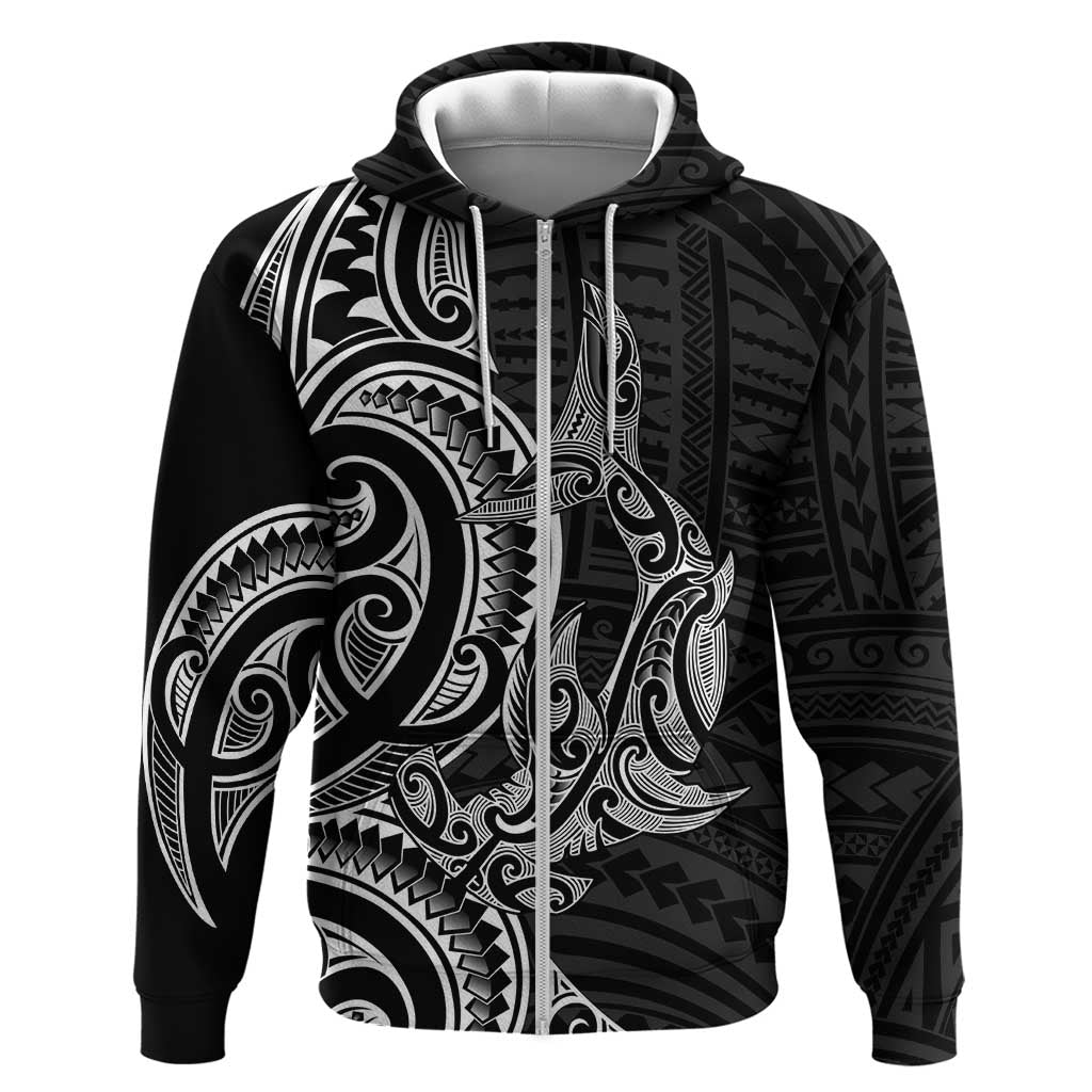 New Zealand Hammerhead Shark Zip Hoodie Maori Haehae Mangopare Black - Polynesian Pride