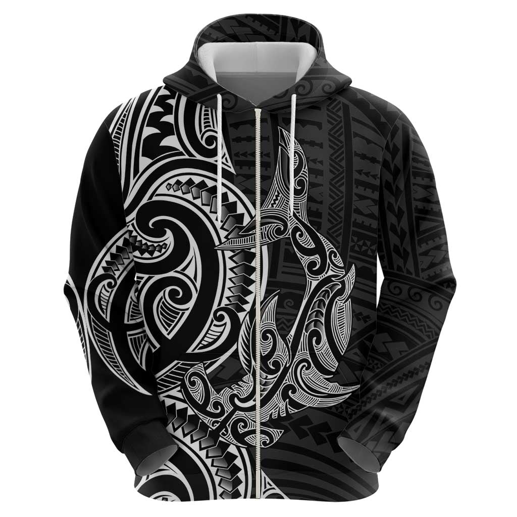 New Zealand Hammerhead Shark Zip Hoodie Maori Haehae Mangopare Black - Polynesian Pride