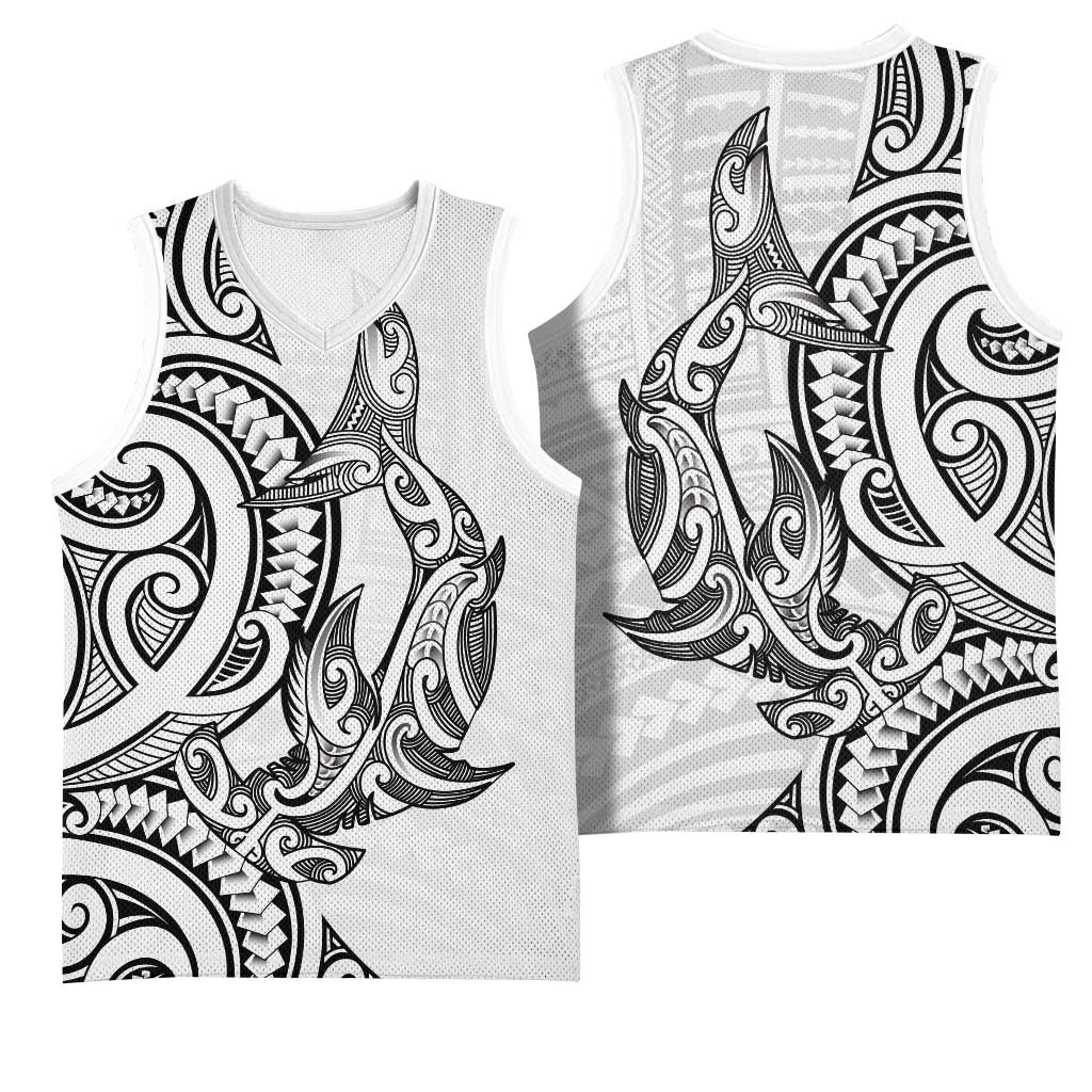 New Zealand Hammerhead Shark Basketball Jersey Maori Haehae Mangopare White - Polynesian Pride
