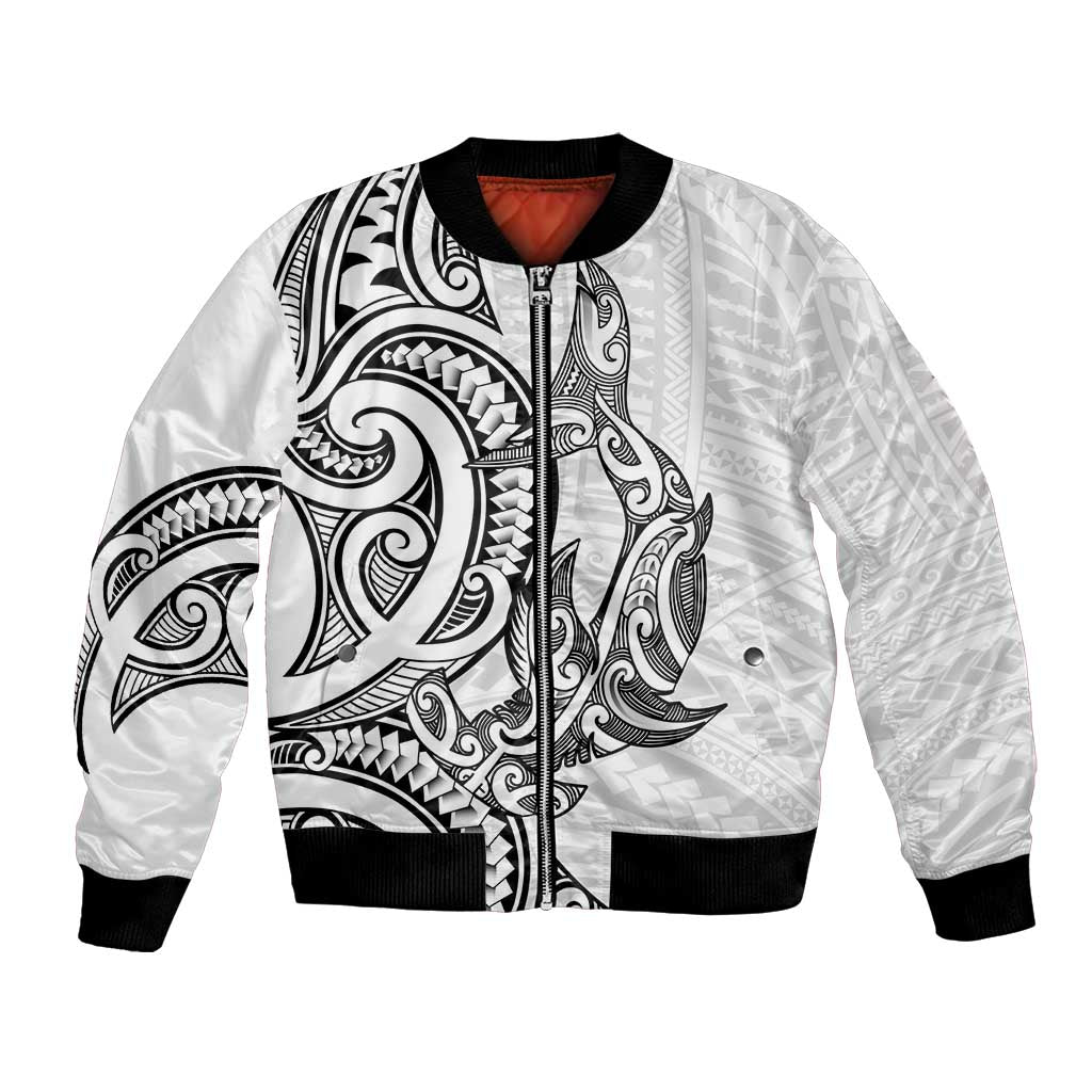 New Zealand Hammerhead Shark Bomber Jacket Maori Haehae Mangopare White - Polynesian Pride