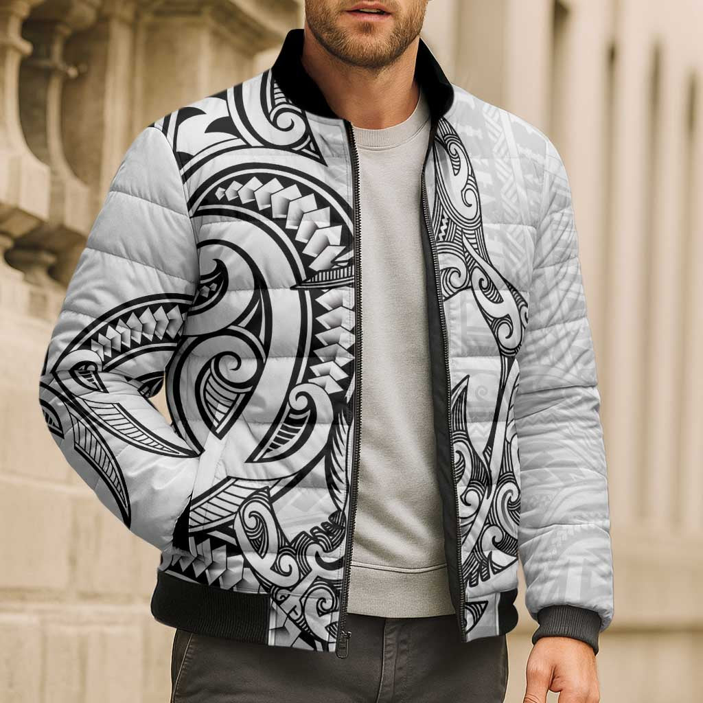 New Zealand Hammerhead Shark Bomber Puffer Jacket Maori Haehae Mangopare White - Polynesian Pride