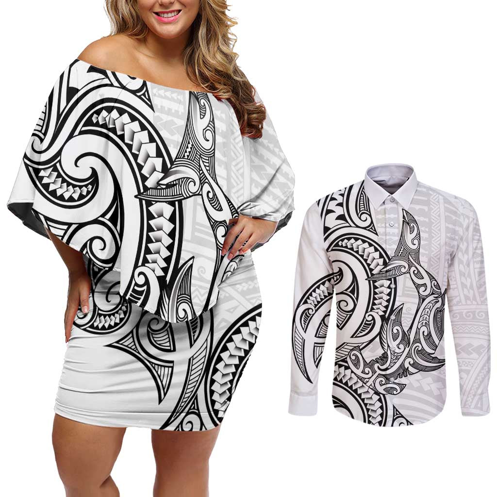 New Zealand Hammerhead Shark Couples Matching Off Shoulder Short Dress and Long Sleeve Button Shirt Maori Haehae Mangopare White - Polynesian Pride