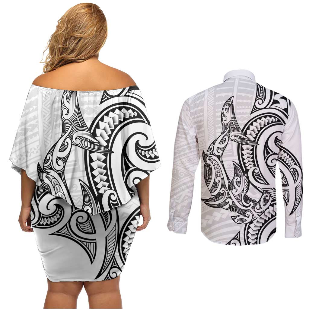 New Zealand Hammerhead Shark Couples Matching Off Shoulder Short Dress and Long Sleeve Button Shirt Maori Haehae Mangopare White - Polynesian Pride