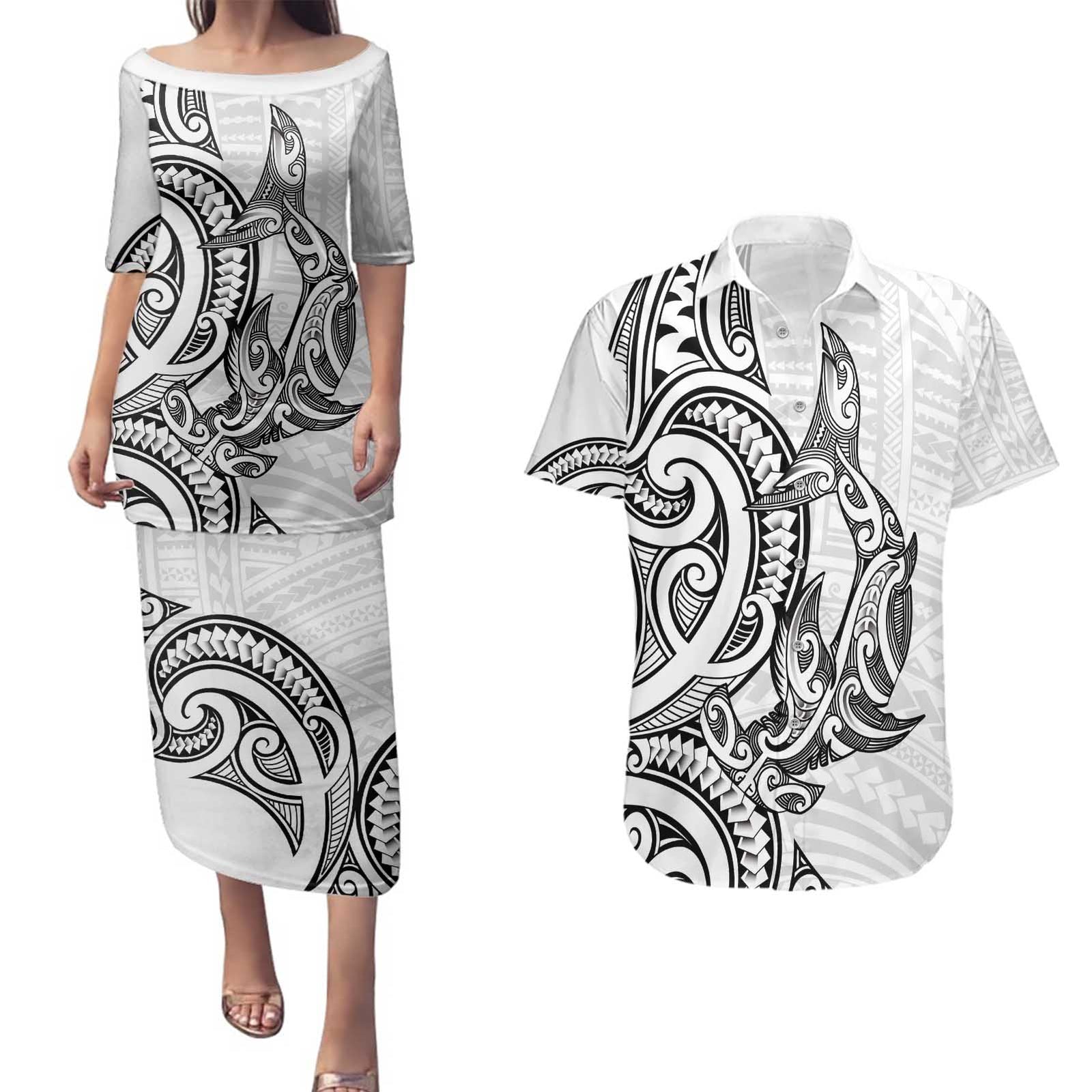 New Zealand Hammerhead Shark Couples Matching Puletasi and Hawaiian Shirt Maori Haehae Mangopare White - Polynesian Pride