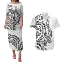 New Zealand Hammerhead Shark Couples Matching Puletasi and Hawaiian Shirt Maori Haehae Mangopare White - Polynesian Pride