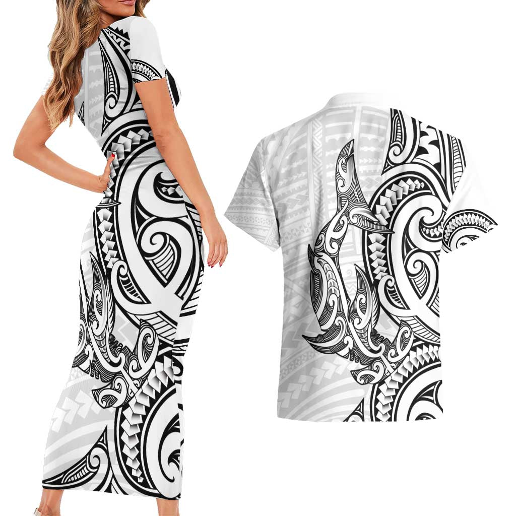 New Zealand Hammerhead Shark Couples Matching Short Sleeve Bodycon Dress and Hawaiian Shirt Maori Haehae Mangopare White - Polynesian Pride