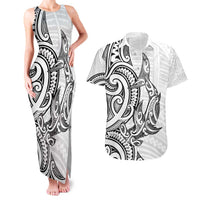 New Zealand Hammerhead Shark Couples Matching Tank Maxi Dress and Hawaiian Shirt Maori Haehae Mangopare White - Polynesian Pride