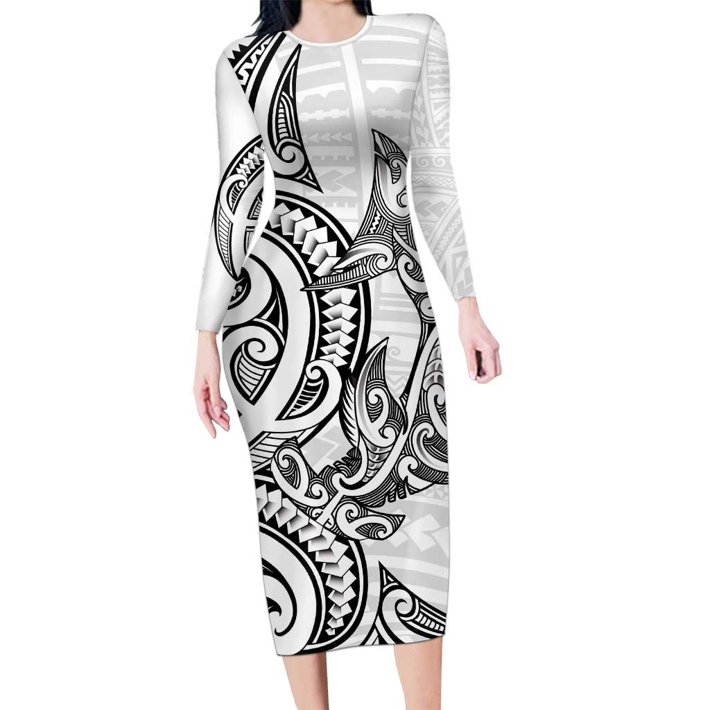 New Zealand Hammerhead Shark Family Matching Long Sleeve Bodycon Dress and Hawaiian Shirt Maori Haehae Mangopare White - Polynesian Pride