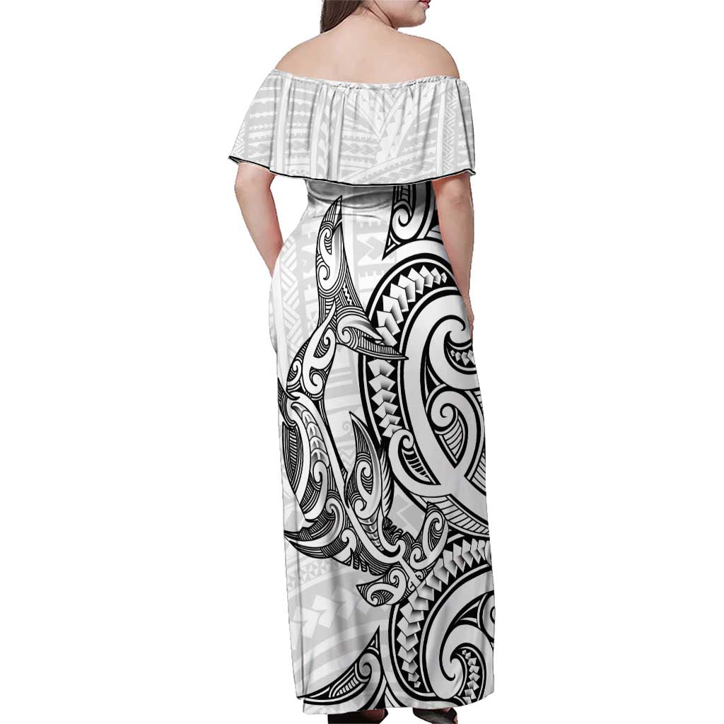 New Zealand Hammerhead Shark Family Matching Off Shoulder Maxi Dress and Hawaiian Shirt Maori Haehae Mangopare White - Polynesian Pride