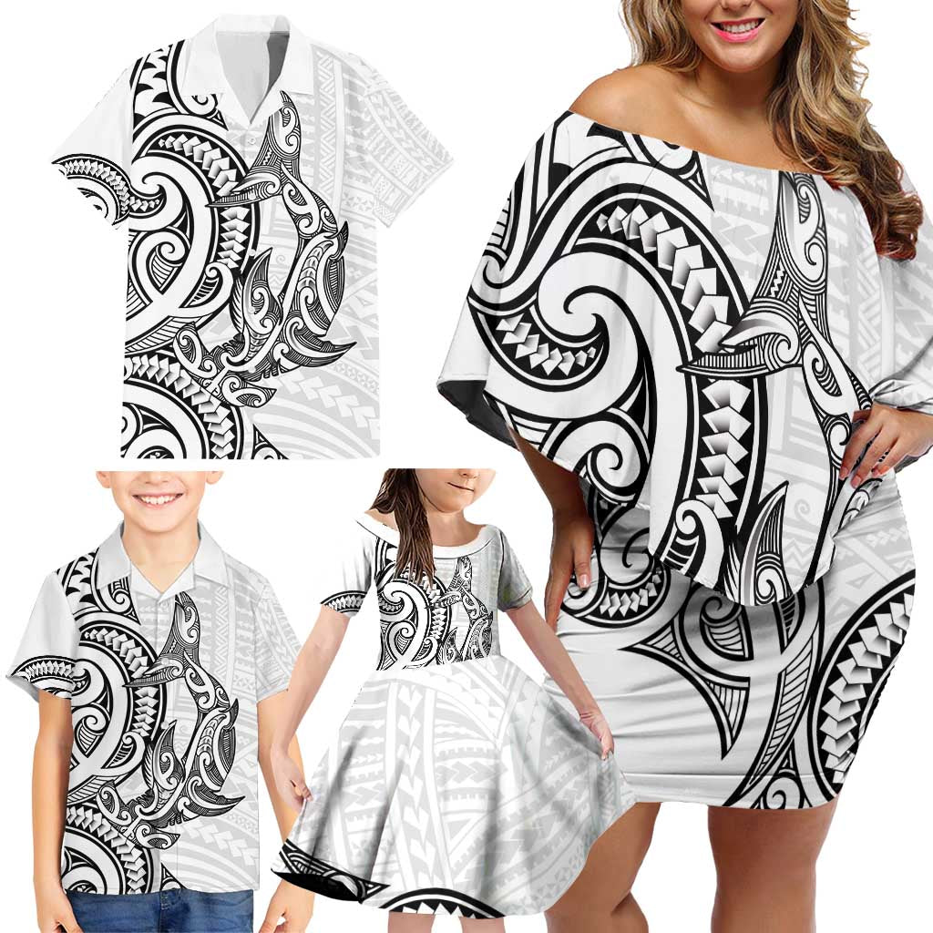 New Zealand Hammerhead Shark Family Matching Off Shoulder Short Dress and Hawaiian Shirt Maori Haehae Mangopare White - Polynesian Pride