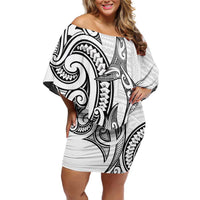 New Zealand Hammerhead Shark Family Matching Off Shoulder Short Dress and Hawaiian Shirt Maori Haehae Mangopare White - Polynesian Pride
