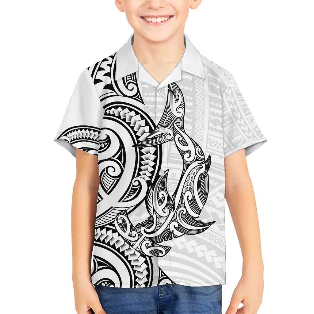New Zealand Hammerhead Shark Family Matching Off Shoulder Short Dress and Hawaiian Shirt Maori Haehae Mangopare White - Polynesian Pride