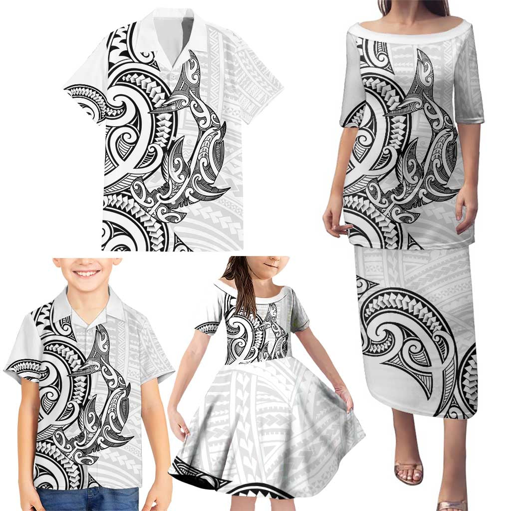 New Zealand Hammerhead Shark Family Matching Puletasi and Hawaiian Shirt Maori Haehae Mangopare White - Polynesian Pride