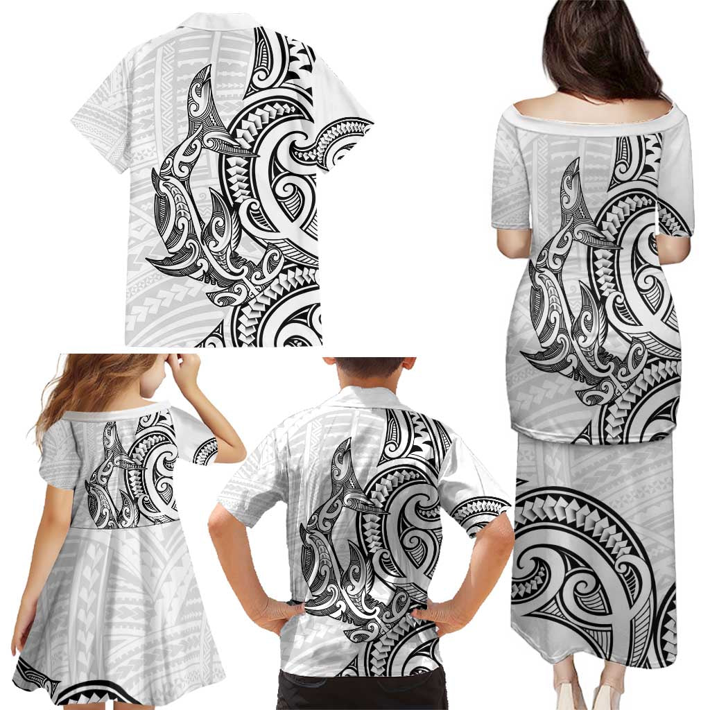 New Zealand Hammerhead Shark Family Matching Puletasi and Hawaiian Shirt Maori Haehae Mangopare White - Polynesian Pride