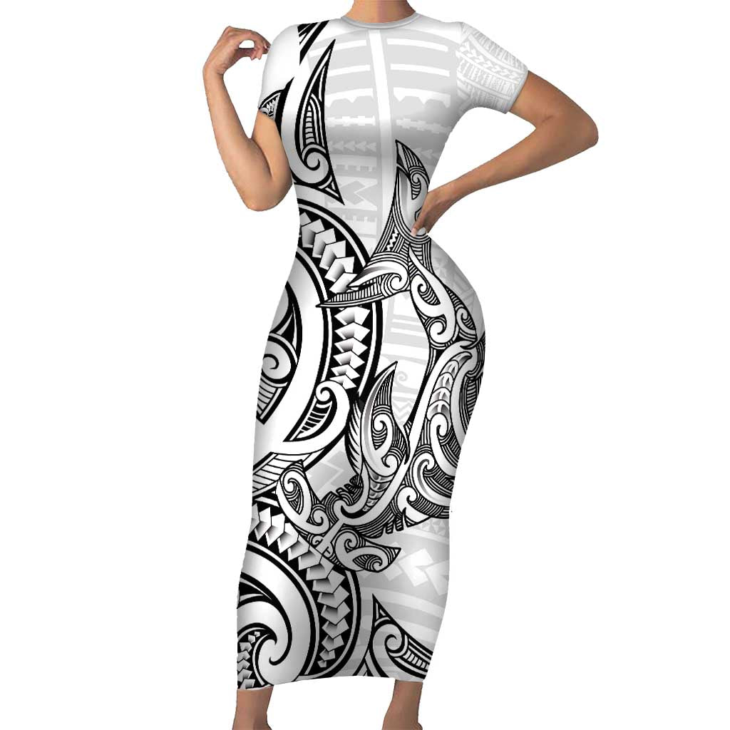 New Zealand Hammerhead Shark Family Matching Short Sleeve Bodycon Dress and Hawaiian Shirt Maori Haehae Mangopare White - Polynesian Pride