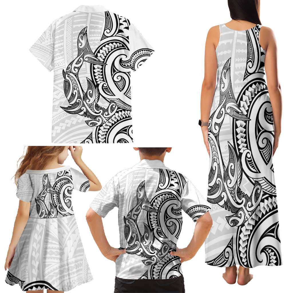 New Zealand Hammerhead Shark Family Matching Tank Maxi Dress and Hawaiian Shirt Maori Haehae Mangopare White - Polynesian Pride