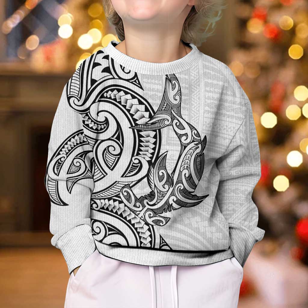 New Zealand Hammerhead Shark Kid Ugly Christmas Sweater Maori Haehae Mangopare White - Polynesian Pride
