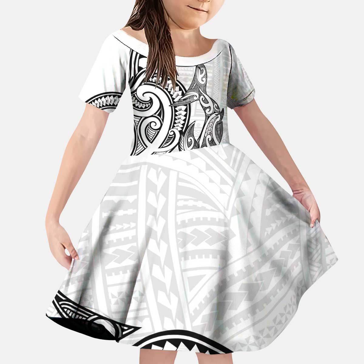 New Zealand Hammerhead Shark Kid Short Sleeve Dress Maori Haehae Mangopare White - Polynesian Pride