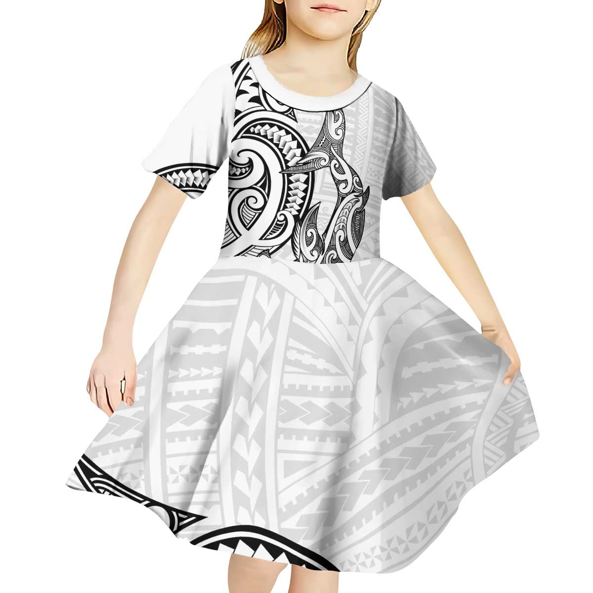 New Zealand Hammerhead Shark Kid Short Sleeve Dress Maori Haehae Mangopare White - Polynesian Pride