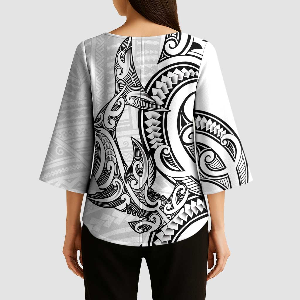 New Zealand Hammerhead Shark Kimono Sleeve Blouse Maori Haehae Mangopare White - Polynesian Pride