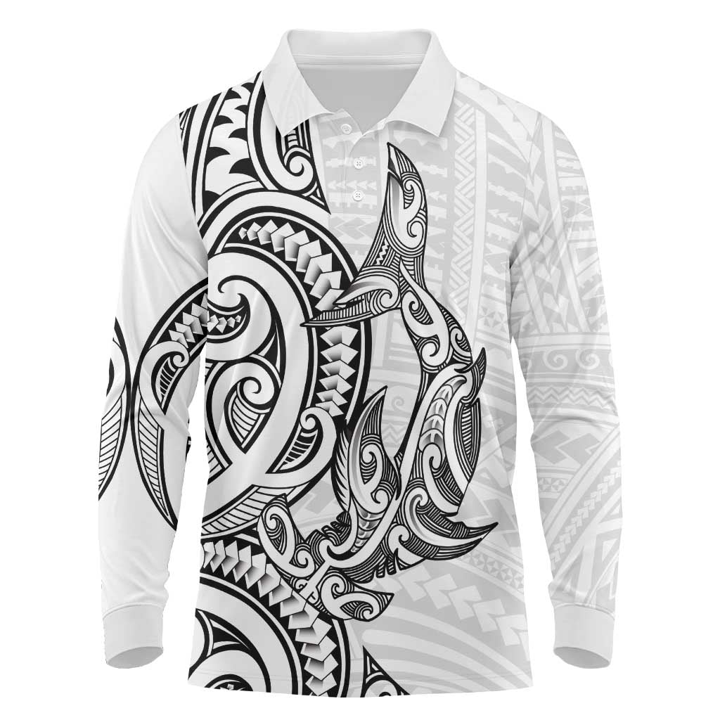 New Zealand Hammerhead Shark Long Sleeve Polo Shirt Maori Haehae Mangopare White - Polynesian Pride