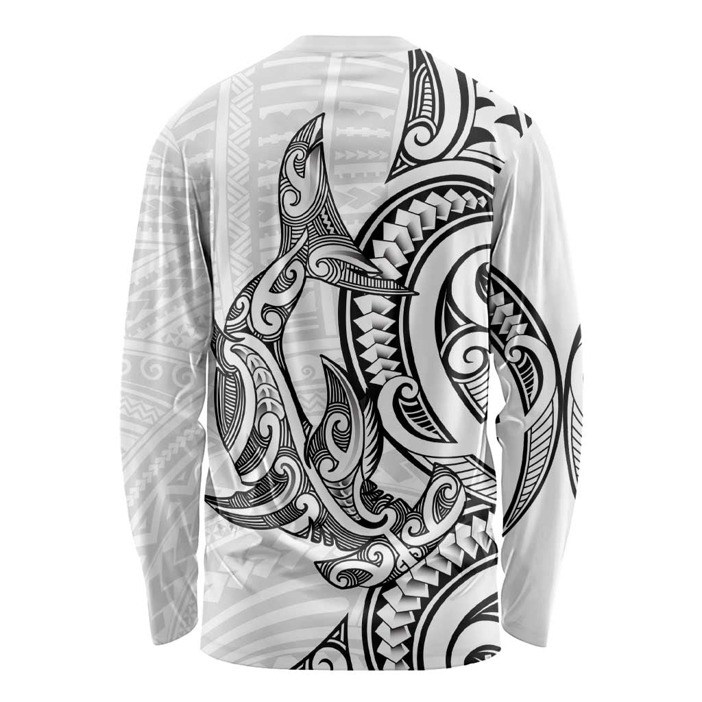 New Zealand Hammerhead Shark Long Sleeve Shirt Maori Haehae Mangopare White - Polynesian Pride
