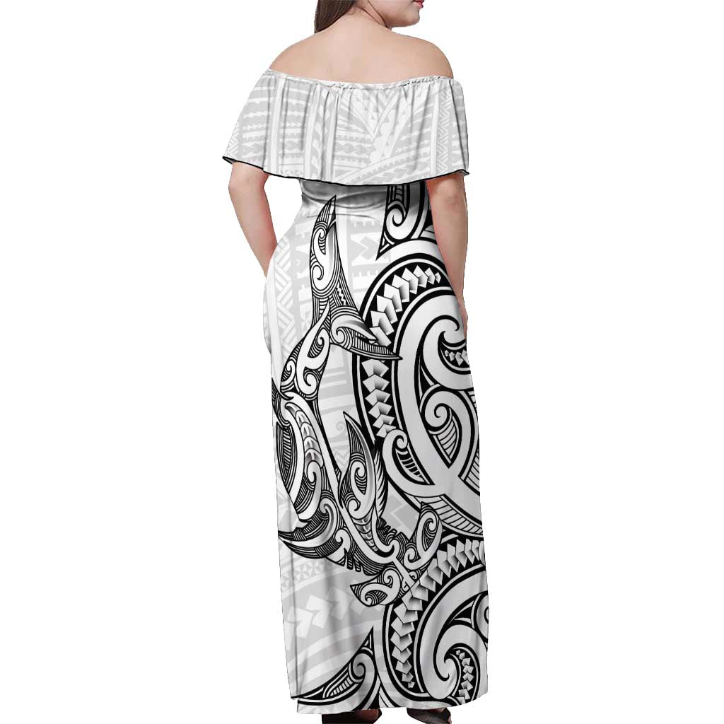 New Zealand Hammerhead Shark Off Shoulder Maxi Dress Maori Haehae Mangopare White - Polynesian Pride